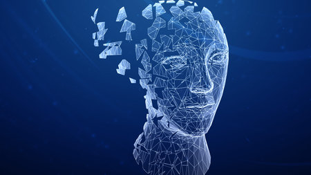 Three-dimensional human head isolated on blue background. 3D illustration.の写真素材