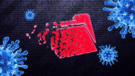 Red infected file icon is detected on dark hi-tech background in binary cyberspace during scan. 3D illustration.の写真素材