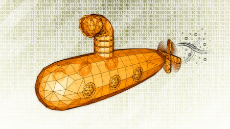 3D mesh submarine is detected on bright binary background during scan in cyberspace. 3D Illustration.の写真素材