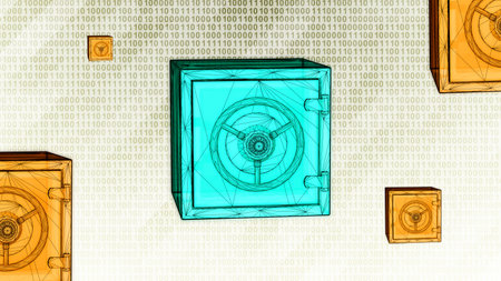 Hacked safe on bright hi-tech background in binary cyberspace. 3D illustration.の写真素材