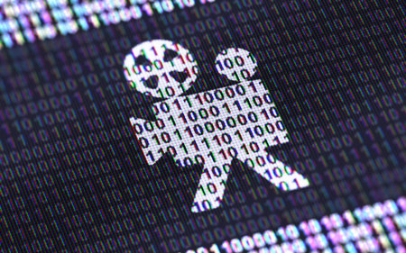 Camera icon. Binary code ( array of bits ) in the screen. 3D Illustration.の写真素材