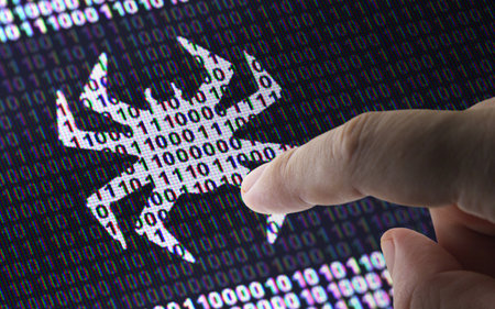 Virus icon in the screen with binary code ( array of bits ). 3D Illustration.の写真素材