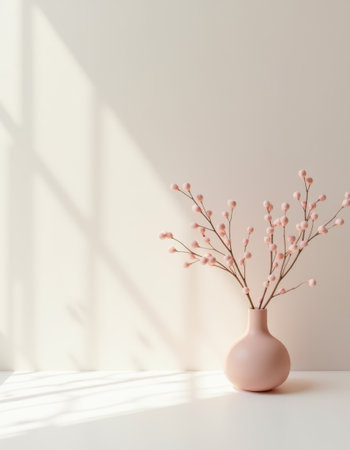 Pink vase with spring flowers on a white background with shadows from the windowの素材