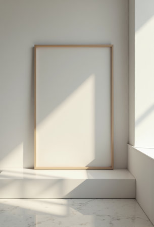 Wooden frame on a white wall. 3d rendering mock upの素材