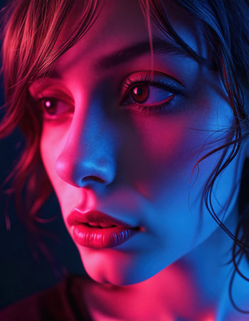 Portrait of a beautiful young woman in red and blue light.の素材
