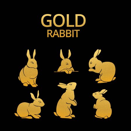 Gold rabbit silhouettes logo, icon and tatoo. Gold rabbit for sticker, print and pattern. Happy easter rabbit.のイラスト素材