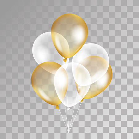Gold transparent balloon on background. Frosted party balloons for event design. Balloons isolated in the air. Party decorations for birthday, anniversary, celebration. Shine transparent balloon.のイラスト素材