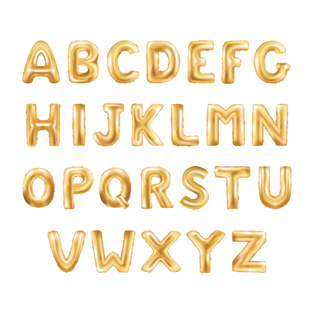 Metallic Gold ABC Balloons, golden letter alphabeth. Gold type Balloons for Text, Letter, new year, holiday, birthday, celebration. Golden shiny bright font in the air.のイラスト素材
