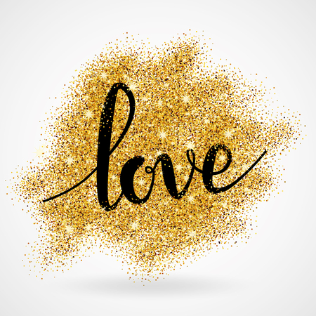 Heart Love lettering gold sparkles scatter pattern. Golden flyer, poster, sign, banner, web, header, invitation. Abstract calligraphy text, type, quote. Happy valentines day.のイラスト素材