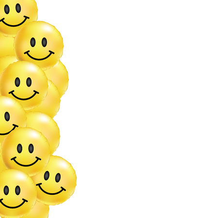 Smile yellow balloons background. Fun character people, bright balloon. Comic text, humor message, greeting card, motivation design. Positive mood poster banner.のイラスト素材