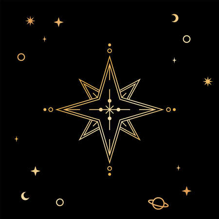 Gold wind rose compass, outline logotype. Tarot design, esoteric navigation. Vector illustration.のイラスト素材