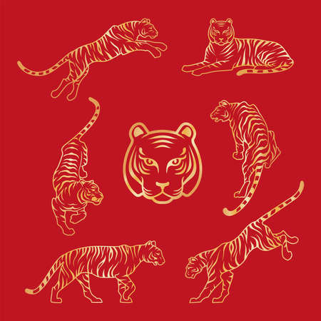 Gold Tiger red background Happy new year 2022 design vector illustration Tigersのイラスト素材