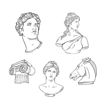 Greek gods Antique statue, ancient sculpture line art set. Vector illustrations exhibition. Heads, horse, columnのイラスト素材