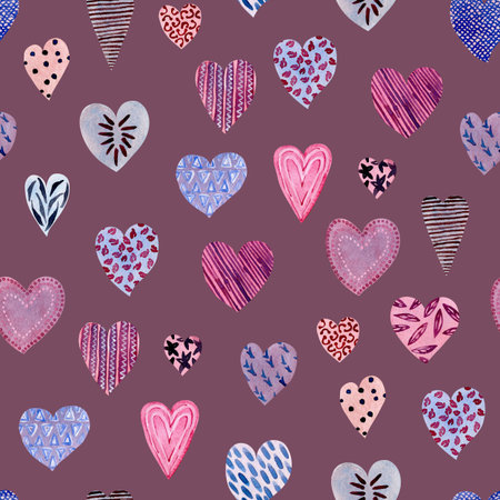 Seamless pattern with watercolor hand drawn hearts on purple