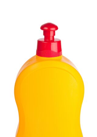 Yellow plastic bottle isolated on a white backgroundの写真素材