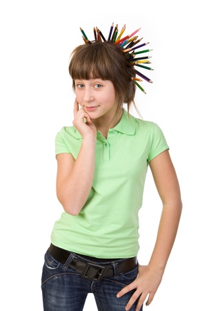 girl with pencils isolated on a white backgroundの写真素材