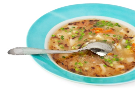 Vegetable soup on a meat broth isolated on a white backgroundの写真素材
