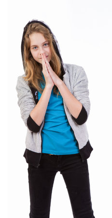 Portrait of happy girl teenager on a white backgroundの写真素材