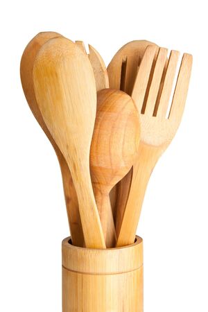 Set of wooden kitchen utensils it is isolated on a white backgroundの写真素材