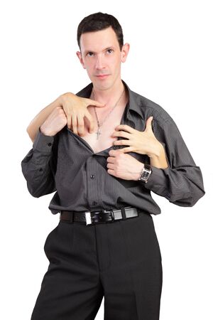 Female hands grabbing a guyの写真素材