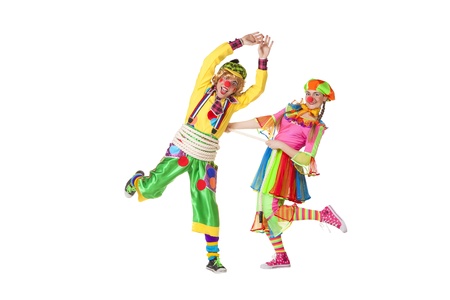 Two smiling clowns  isolated over a white backgroundの写真素材
