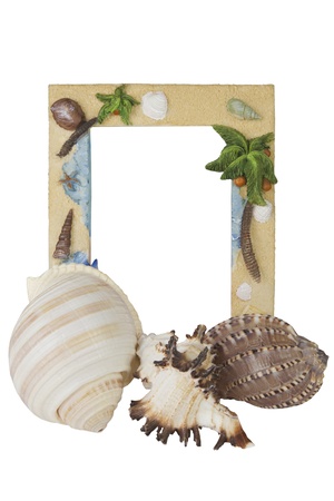 A tropical vacation themed picture frame over a white backgroundの写真素材
