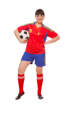 girl holding soccer ball isolated on whiteの写真素材