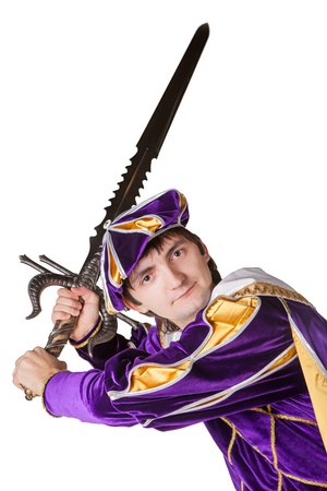 The actor in a suit of the prince with a sword isolated on a white backgroundの写真素材