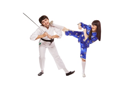 Sparring.Sport.Kara te.Training fight.two fighters on a white backgroundの写真素材