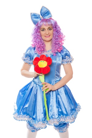 pretty girl in the dressed like Malvina, doll with the blue hair. isolated on a white  backgroundの写真素材