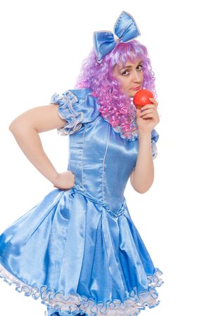 pretty girl in the dressed like Malvina, doll with the blue hair. isolated on a white  backgroundの写真素材