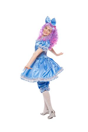 pretty girl in the dressed like Malvina, doll with the blue hair. isolated on a white  backgroundの写真素材