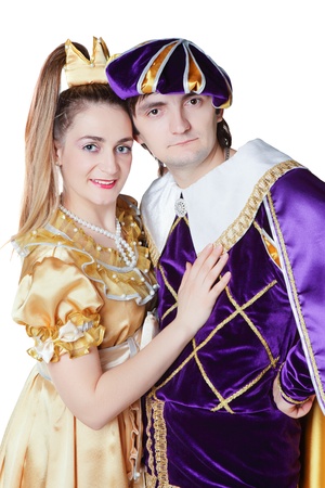 Guy and girl dressup as Prince and Princess isolated on a white backgroundの写真素材