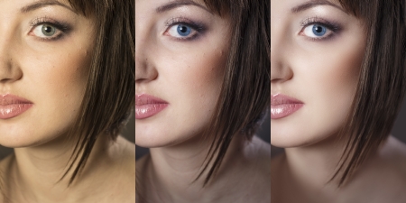 beautiful woman with before and after skin: problem skin with blemishes and clear complexionの写真素材