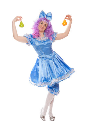 pretty girl in the dressed like Malvina, doll with the blue hair  isolated on a white backgroundの写真素材