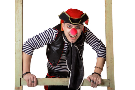 Clown in a pirate suit isolated on a white backgroundの写真素材