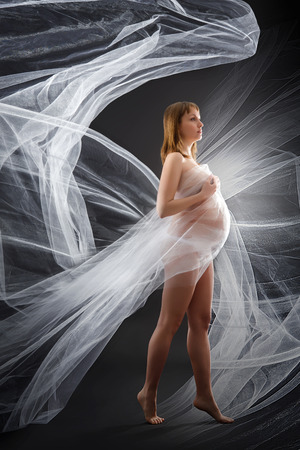 Beauty and sexy of young pregnant woman with blowing white material - grey backgroundの写真素材