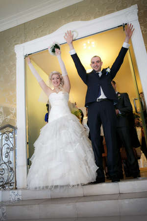 Just married and happy bride and groom on their weddingの写真素材
