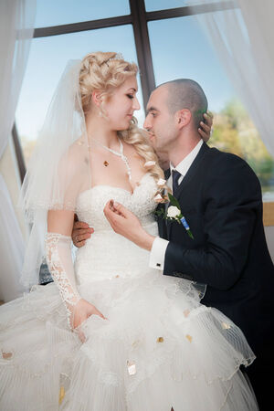dance young bride and groom in banqueting hallの写真素材