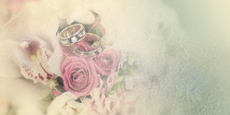 Vintage wedding bouquet with ringsの写真素材
