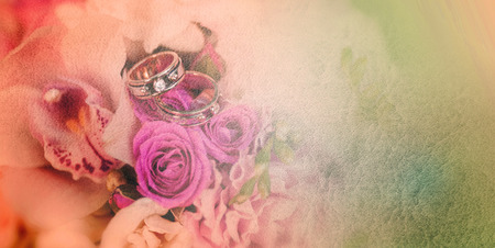 Vintage wedding bouquet with ringsの写真素材