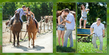 Collage - a cheerful loving couple on walk with brown horsesの写真素材
