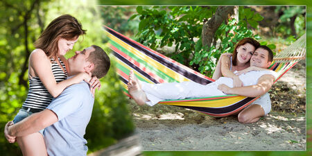 Collage - a loving couple on a beach in a hammockの写真素材