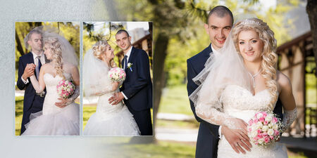 Collage - groom and the bride during walk in their wedding dayの写真素材