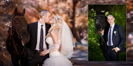 groom and the bride during walk in their wedding day against a black horseの写真素材