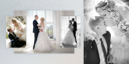 Collage - happy groom and the bride sit at a windowの写真素材