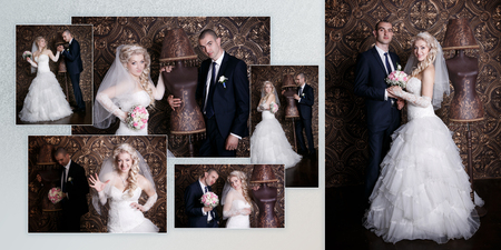 Collage - happy groom and the charming bride with a bouquet from roses in studio on a brown backgroundの写真素材