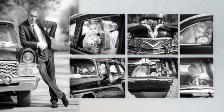 Collage - cheerful groom and the bride at a wheel of a black old retro of the carの写真素材