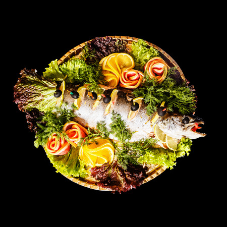 stuffed pike on a black backgroundの写真素材