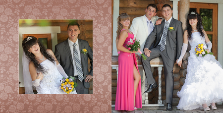 Collage - groom and the bride and the best man with the witness in park in their wedding dayの写真素材